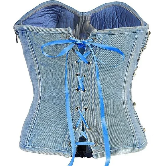 NEW Sparkling Bling Swarovski Crystal Rhinestone Denim Jeans Bustier Bra…